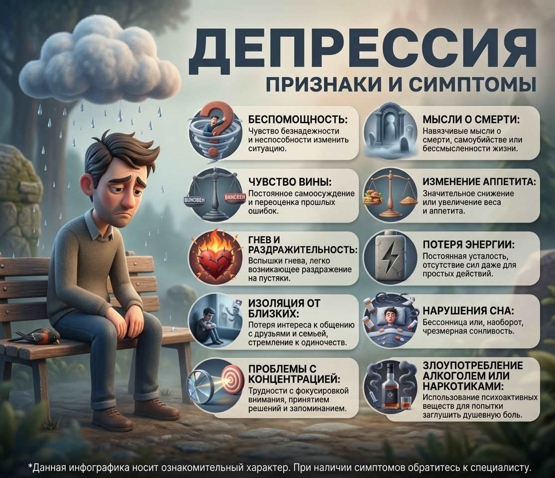 Инфографика с грустным мужчиной на скамье и десятью основными признаками и симптомами — лечение депрессии.